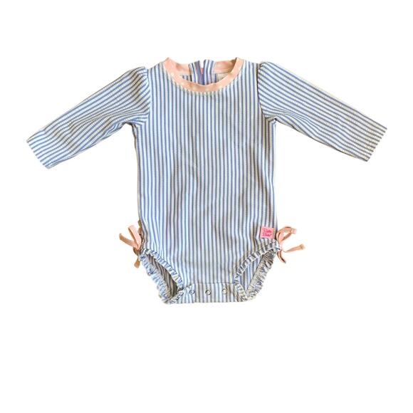 RuffleButts Seersucker periwinkle blue stripe swimsuit - Picture 1 of 7